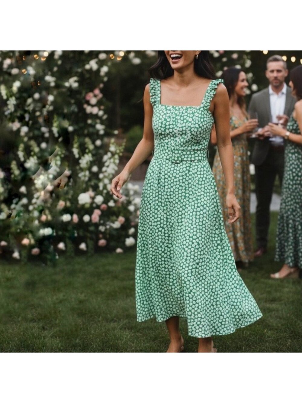 Faithfull The Brand Saint Tropez Green Floral Midi Dress Sleeveless Belt Size L